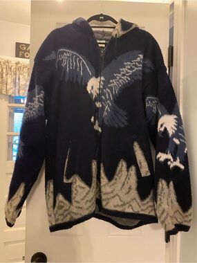Vintage Artesanias Tuntaquimba XL Wool Navy Eagle Zip-Up Hooded Sweater Jacket